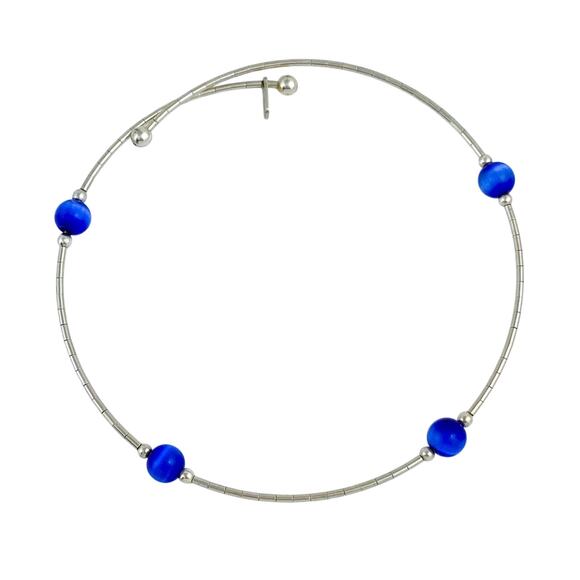 Blue Cat’s Eye Memory Wire Bracelet | Vintage Sterling Silver | 7.5” Adjustable - Picture 1 of 5